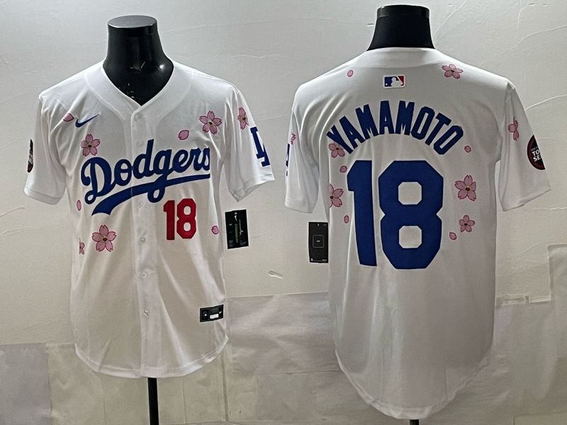 Men 2025 Los Angeles Dodgers #18 Yamamoto White Sakura Edition Nike MLB Jersey style 005->los angeles dodgers->MLB Jersey